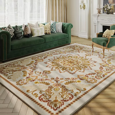 Elegant Living Room Interior With Green Sofa Patterned Rug Armchair Pillows And Fireplace 3d model