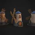 Decorative Windmill Model with Wooden Blades Blue Roof Stone Tower Small Window and Wooden Door