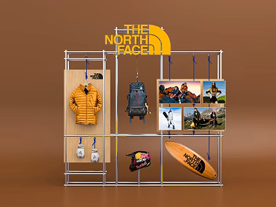 The North Face Display Rack With Yellow Jacket Backpack Outdoor Gear Photos And Surfboard 3d model
