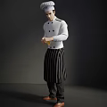 Man In White Chef Jacket With Black Striped Apron Standing On Dark Background 3d model