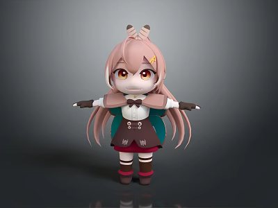Cartoon Woman With Pink Long Hair Horns Yellow Eyes White Top And Brown Overalls 3d model
