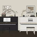 Stylish Musical Instruments And Art Supplies With Black White Pianos Sheet Music And Decorative Paintings