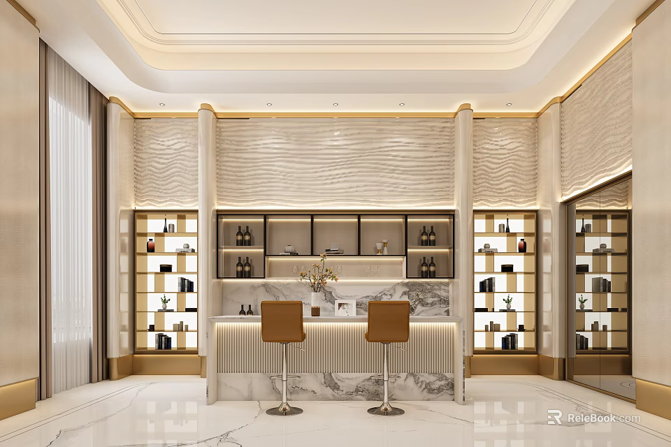 Modern Bar Area With Light Colored Wall Wine Racks Brown Bar Stools And Marble Countertop 3d model 