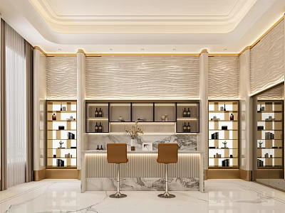 Modern Bar Area With Light Colored Wall Wine Racks Brown Bar Stools And Marble Countertop 3d model