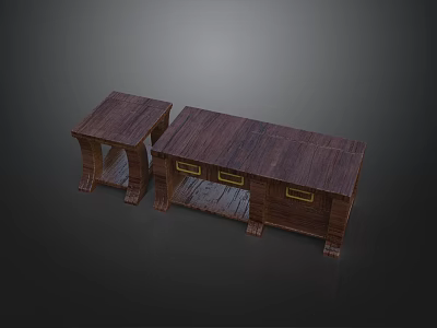 Dark Colored Wooden Functional Desk Set Featuring Two Tables With Drawers And Stable Structure 3d model