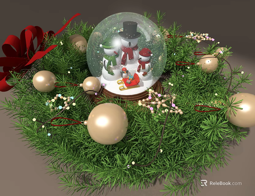 Christmas Decorative Ornament Set With Snow Globe Snowman Evergreen Branches Golden Ornaments And Red Bow 3d model 
