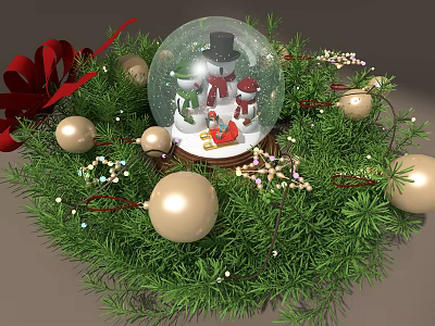 Christmas Decorative Ornament Set With Snow Globe Snowman Evergreen Branches Golden Ornaments And Red Bow 3d model
