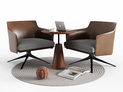 Modern Round Coffee Table With Two Leather Armchairs And Gray Rug 3d model