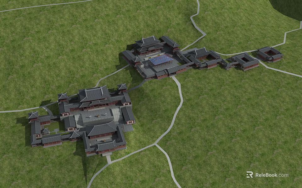 Ancient Chinese Architecture Complex With Traditional Courtyard And Green Grass Surroundings 3d model 