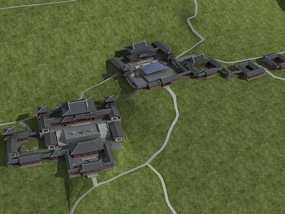 Ancient Chinese Architecture Complex With Traditional Courtyard And Green Grass Surroundings 3d model