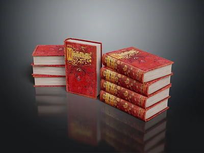 Elegant Red Cover Books With Golden Decorations Stacked On Black Reflective Surface 3d model