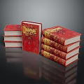 Elegant Red Cover Books With Golden Decorations Stacked On Black Reflective Surface
