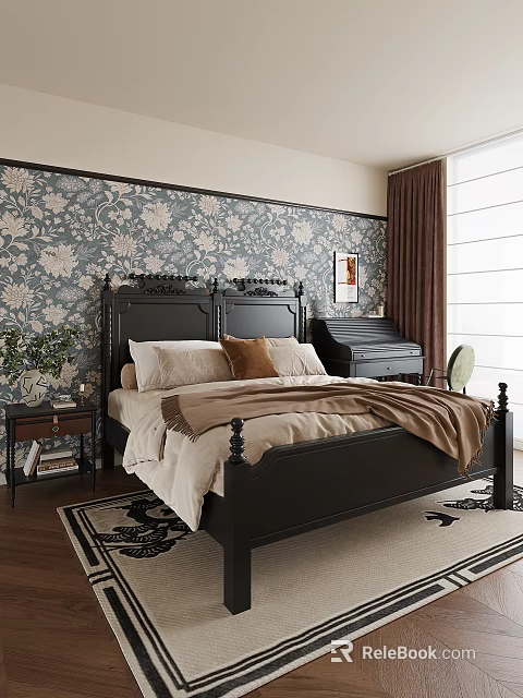 Elegant Bedroom Interior With Dark Floral Wallpaper Black Headboard Bed Beige Pillows And Brown Curtains 3d model 