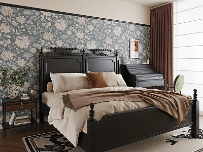 Elegant Bedroom Interior With Dark Floral Wallpaper Black Headboard Bed Beige Pillows And Brown Curtains 3d model