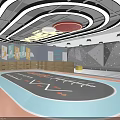 Modern Indoor Activity Space With Curved Ceiling Light Strips Climbing Wall And Colorful Floor