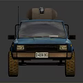 Blue Pickup Truck With Yellow Graphic And Roof Mounted Storage Equipment