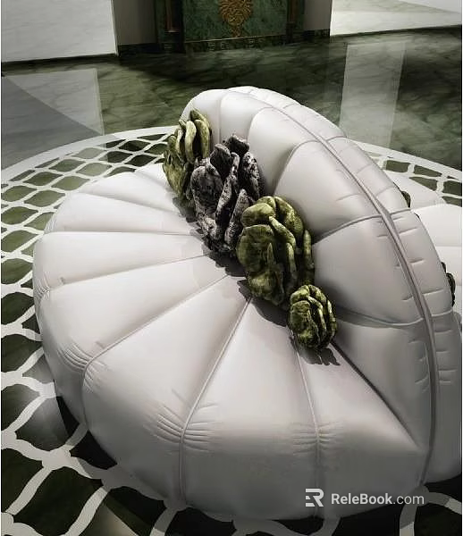 Elegant White Petal Shaped Multi Seater Sofa With Green Decorative Accents 3d model 