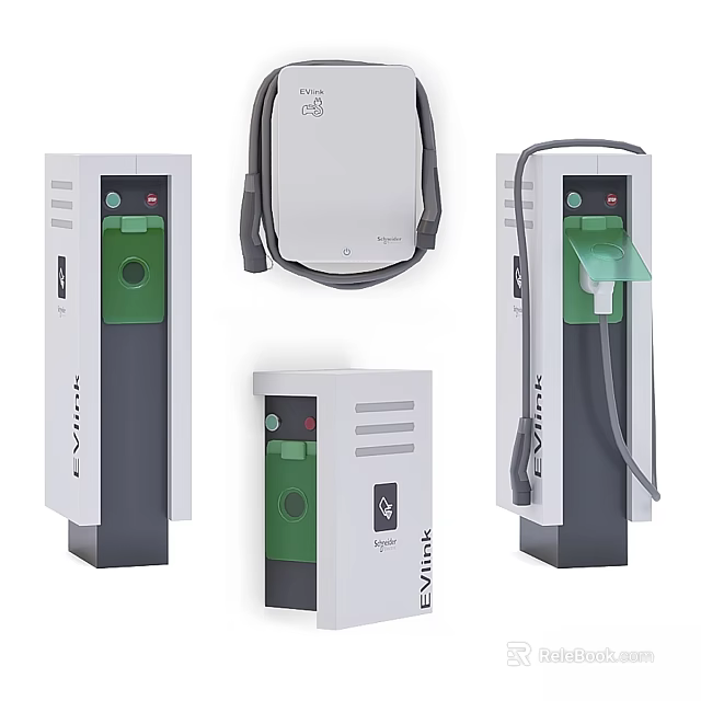 Ground Installed Modern White Green EV Charging Stations With Cables And Angles Design 3d model 