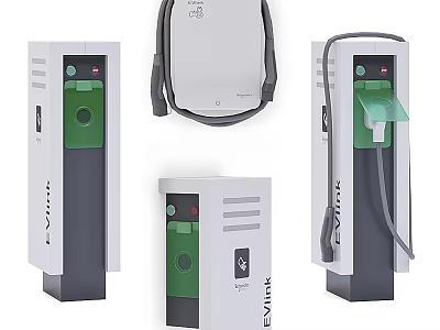 Ground Installed Modern White Green EV Charging Stations With Cables And Angles Design 3d model