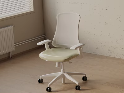 Modern Office Chair With White Mesh Backrest Light Green Seat And Armrests On Wheels 3d model