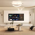 Modern Living Room Interior With TV Wall Ceiling Lights Sofas Coffee Tables And Greenery