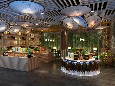 Chinese Specialty Store Interior Featuring Hanging Lanterns Wooden Shelves Green Plants And Round Counters 3d model