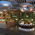 Chinese Specialty Store Interior Featuring Hanging Lanterns Wooden Shelves Green Plants And Round Counters