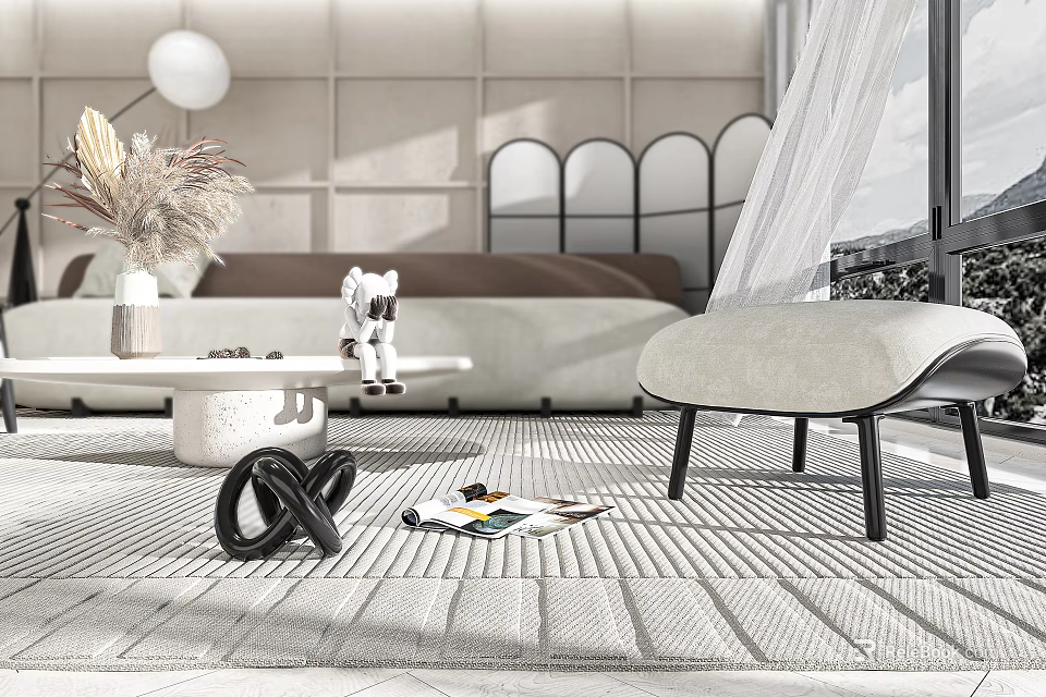 Modern Living Room Interior With Comfortable Sofa Soft Rug Floor Lamp Decorations And Large Window 3d model 