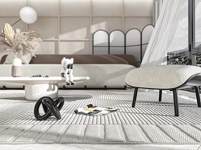 Modern Living Room Interior With Comfortable Sofa Soft Rug Floor Lamp Decorations And Large Window 3d model