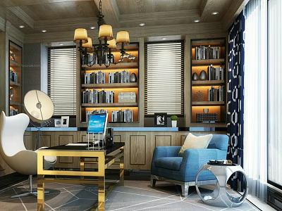 Modern Luxury Home Study Interior With Illuminated Bookshelves And Stylish Work Desk And Comfortable Chairs 3d model