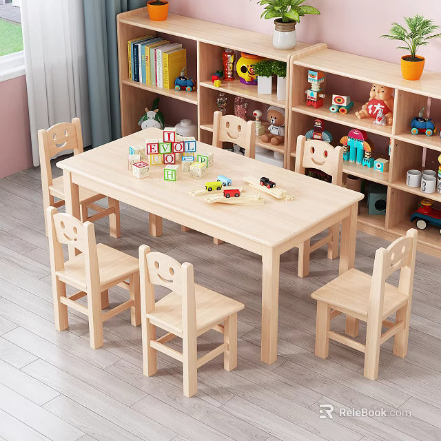 Wooden Kids Table With Chairs And Number Blocks Near Toy Bookshelf 3d model 