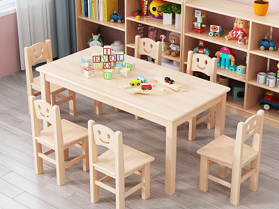 Wooden Kids Table With Chairs And Number Blocks Near Toy Bookshelf 3d model
