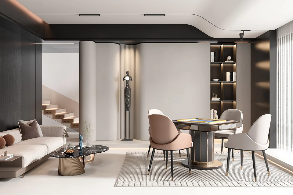 Modern Entertainment Room Interior With Sofa Coffee Table Dining Chairs Bookshelf and Staircase 3d model 