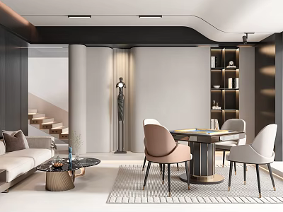 Modern Entertainment Room Interior With Sofa Coffee Table Dining Chairs Bookshelf and Staircase 3d model