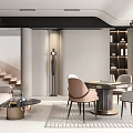 Modern Entertainment Room Interior With Sofa Coffee Table Dining Chairs Bookshelf and Staircase