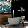 Photography Setup With Large Screen Displaying Castle Mountain Scene Camera On Tripod And Comfortable Chairs