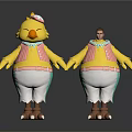 Cartoon Yellow Chicken Characters In Striped Vests White Pants Pink Hats Holding Hands