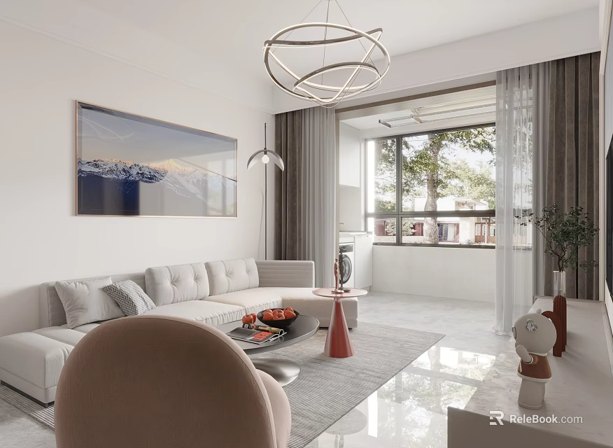 Modern Open Living And Dining Interior With White Sofa Chandelier And Floor To Ceiling Window 3d model 