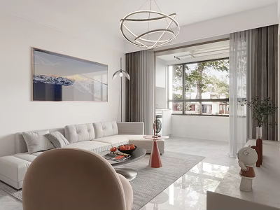 Modern Open Living And Dining Interior With White Sofa Chandelier And Floor To Ceiling Window 3d model