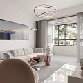 Modern Open Living And Dining Interior With White Sofa Chandelier And Floor To Ceiling Window