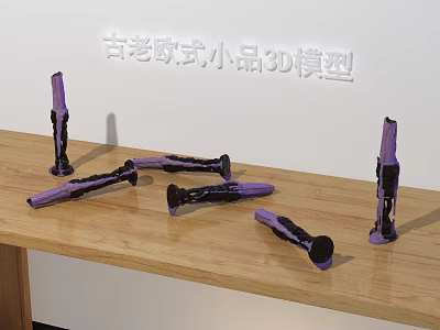 Vintage European Style 3D Model Decorative Ornament Set with Purple Carved Design on Wooden Tabletop 3d model