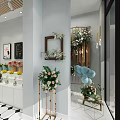 Modern Boutique Store Interior With White Gold Shelves Green Plant Wall and Fresh Flowers