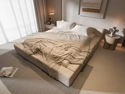 Modern Double Bed Interior With Light Linens Bedside Tables Lamp Carpet And Wall Art 3d model