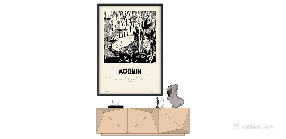 Moomin Decorative Poster With Black And White Illustration And Figurine On Geometric Cabinet 3d model 