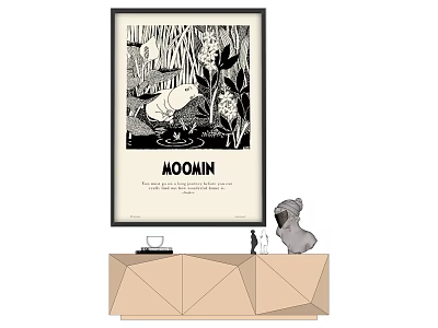 Moomin Decorative Poster With Black And White Illustration And Figurine On Geometric Cabinet 3d model