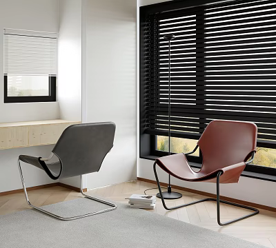 Gray and Brown Leisure Chairs In Modern Interior With Window Blinds Floor Lamp And Desk 3d model