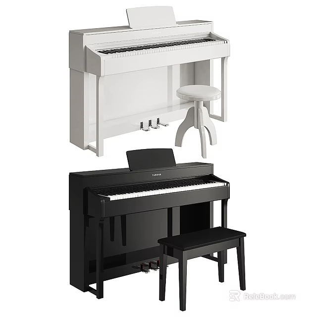 Stylish Musical Instruments White And Black Pianos With Matching Stools For Home 3d model 