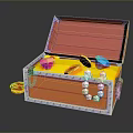 Open Orange Treasure Chest with Pink Blue Gems Yellow Coins and Beaded Necklace