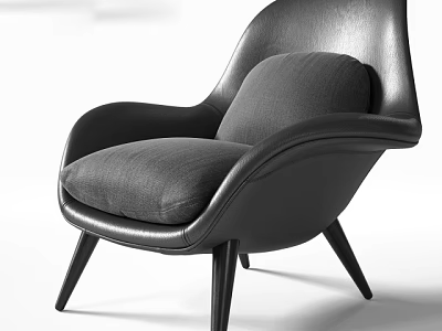 Elegant Armchair With Black Leather Backrest Grey Seat And Slim Wooden Legs 3d model