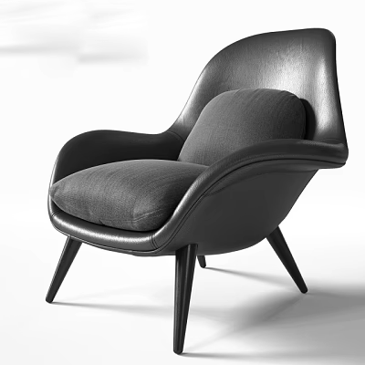 Elegant Armchair With Black Leather Backrest Grey Seat And Slim Wooden Legs 3d model